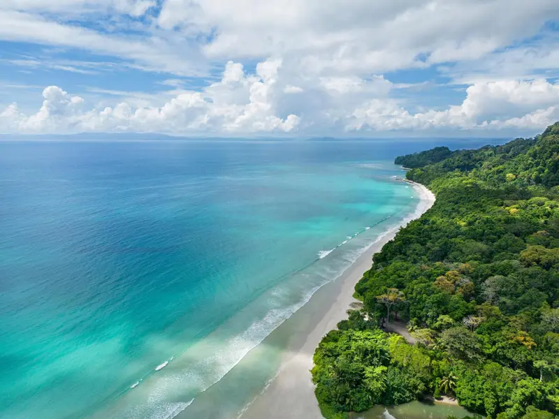 Vue aérienne d'une plage bordée d'une forêt tropicale luxuriante et d'eaux turquoise.