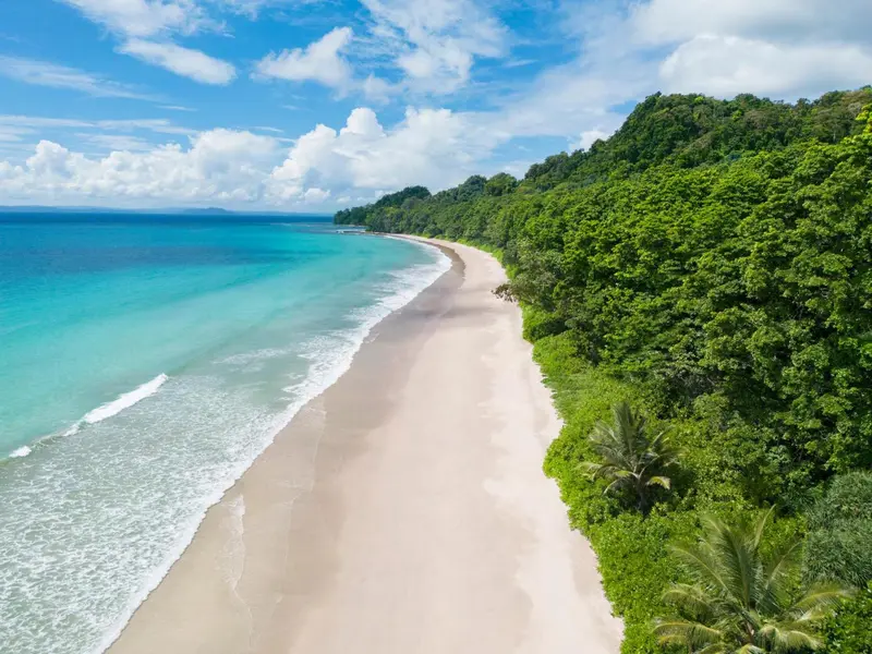 Vue aérienne d'une plage de sable blanc bordée d'une forêt tropicale luxuriante et d'une mer turquoise.