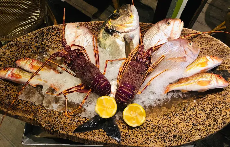 Une présentation de fruits de mer frais sur un plateau de glace.