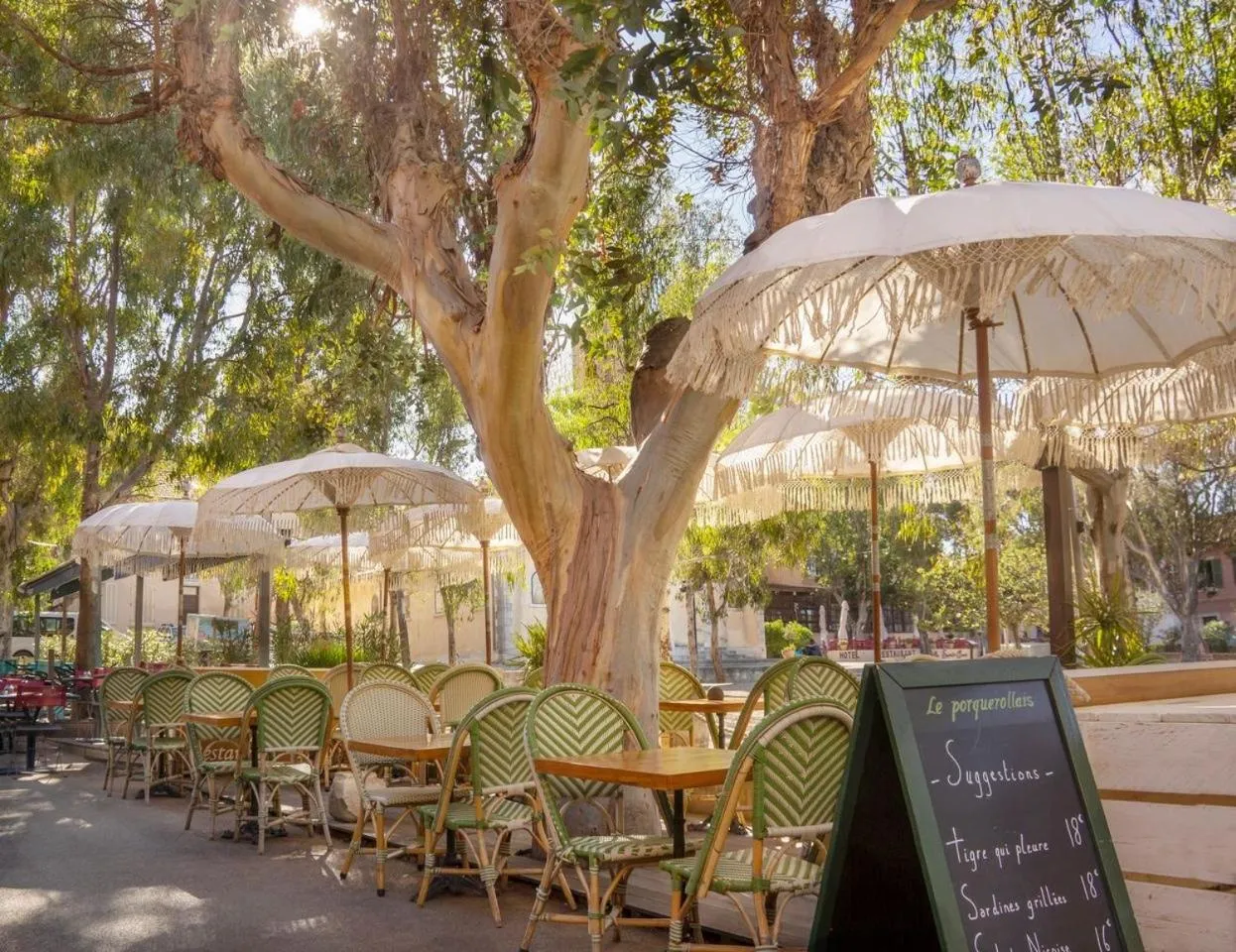 Terrasse ombragée avec tables et chaises vertes sous des parasols.