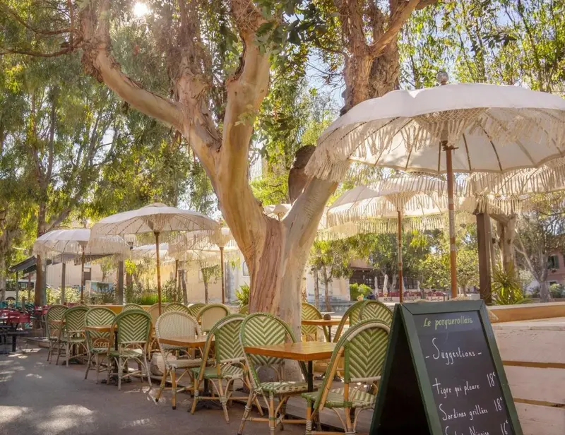 Terrasse ombragée avec tables et chaises vertes sous des parasols.