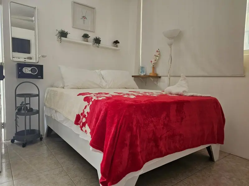 Une chambre lumineuse avec un lit recouvert d'une couverture rouge.