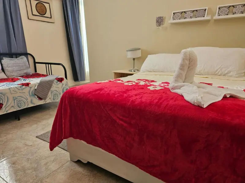 Une chambre avec un lit double et un lit simple.