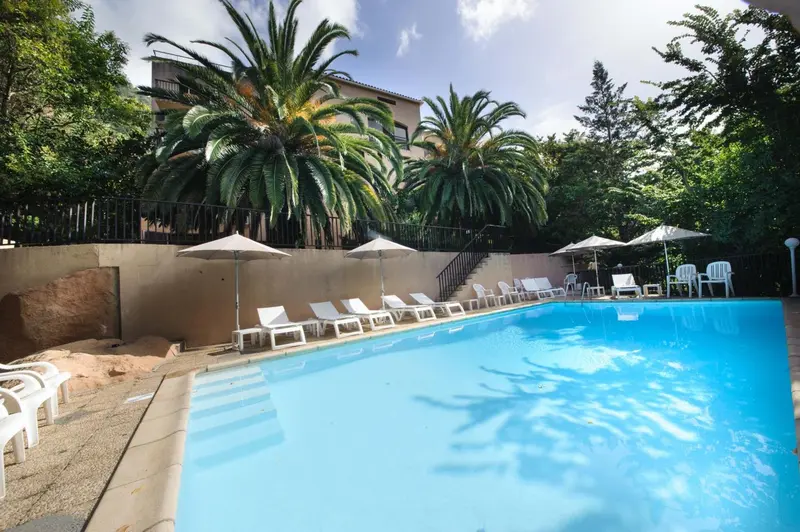 Une piscine rectangulaire bordée de chaises longues et de parasols, entourée de végétation luxuriante.