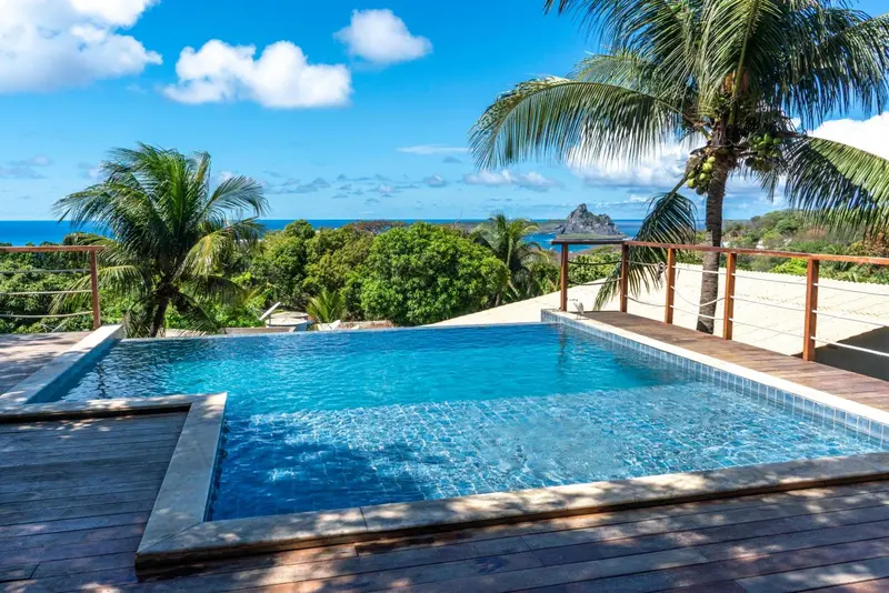 Une piscine à débordement surplombe une végétation luxuriante et la mer.