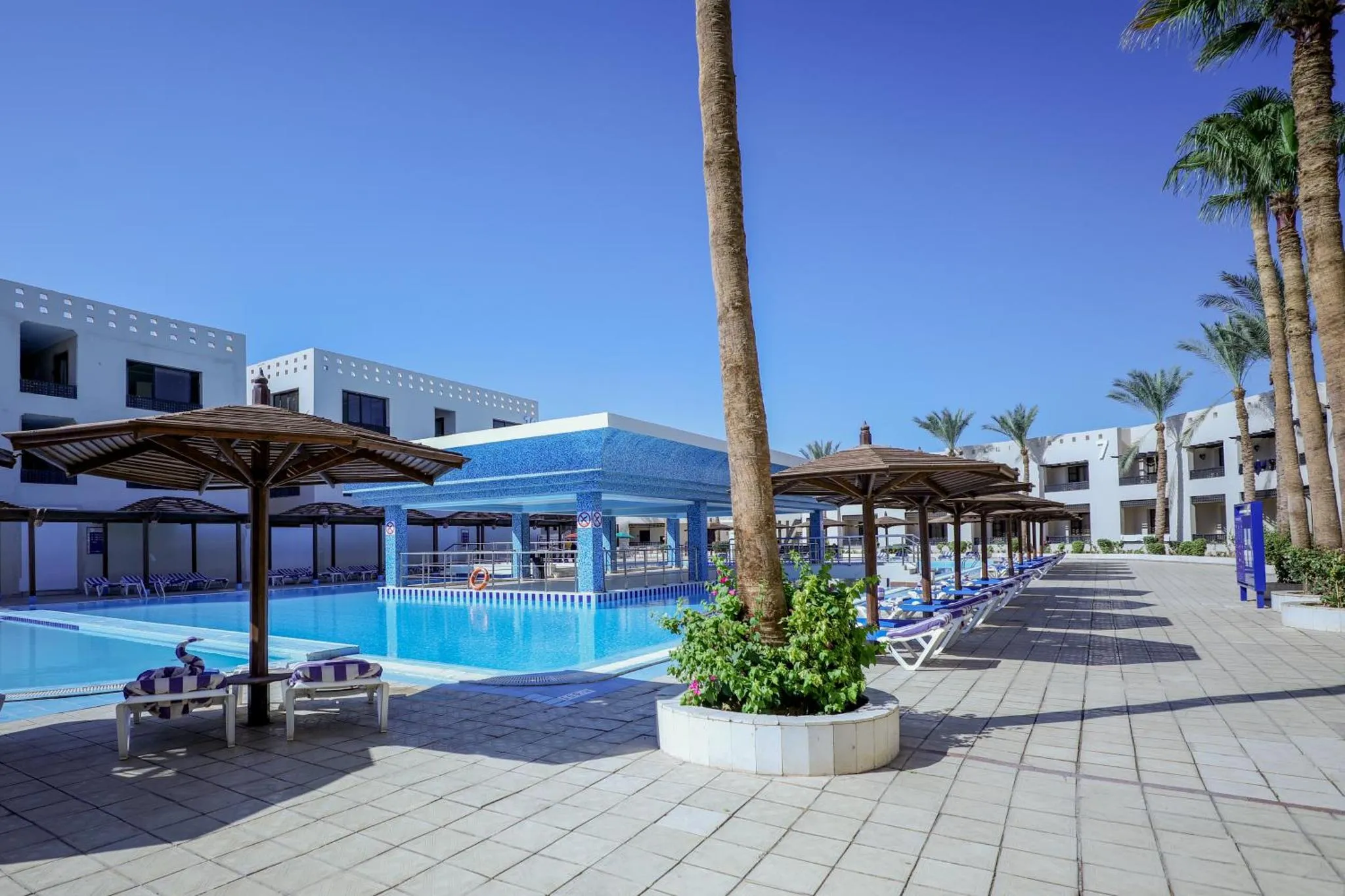 Transats bleus alignés au bord d'une piscine turquoise ombragée par des parasols.