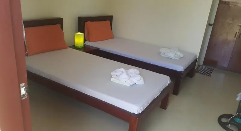 Deux lits simples avec oreillers et décoration soignée dans une chambre.
