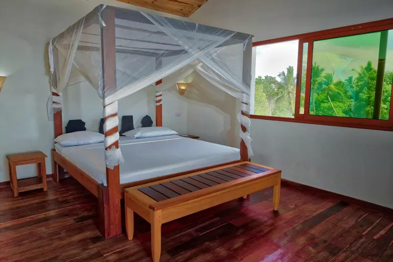 Une chambre lumineuse avec un lit à baldaquin et une vue sur la végétation.