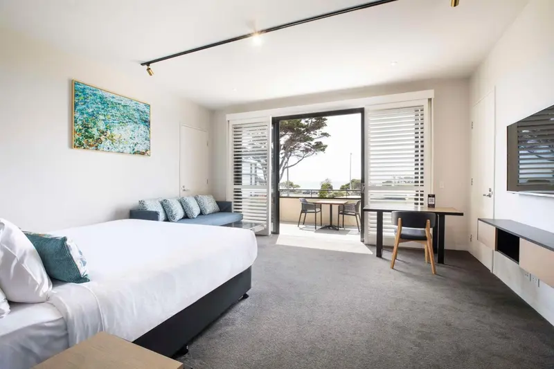 Une chambre lumineuse avec un canapé-lit et un accès à un balcon.
