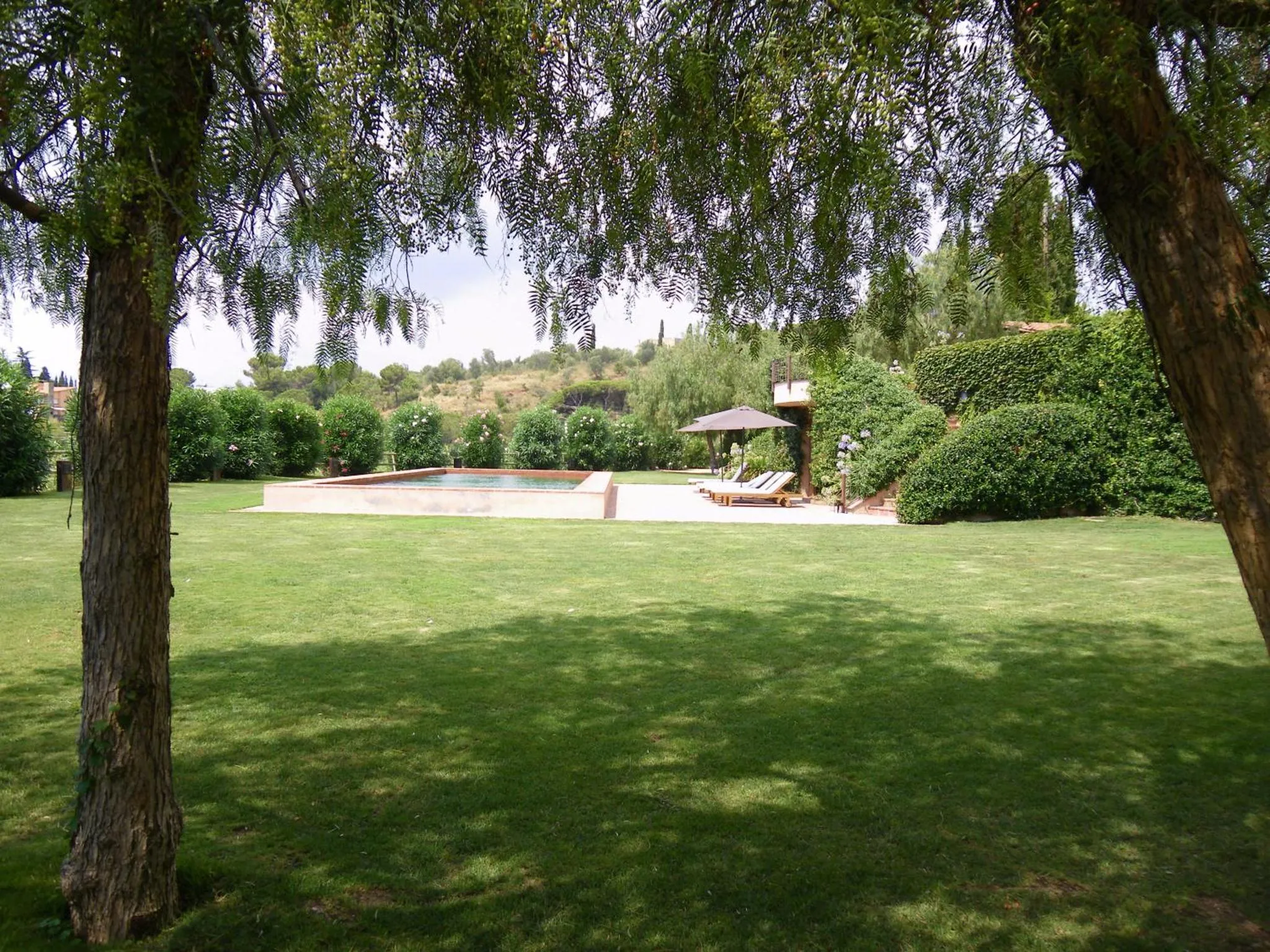 Un jardin verdoyant mène à une piscine rectangulaire bordée de transats.