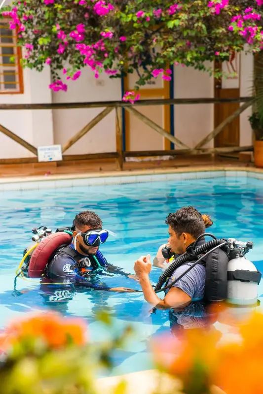 Deux personnes en équipement de plongée discutent dans une piscine.