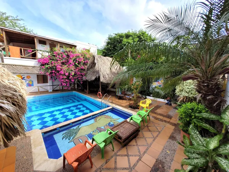 Une piscine rectangulaire aux motifs colorés est entourée d'une terrasse avec des chaises et des plantes tropicales.