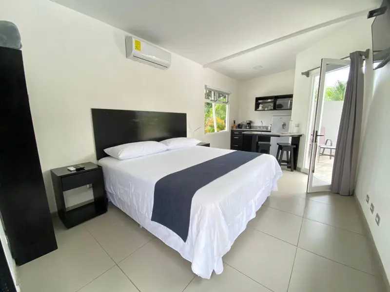 Une chambre lumineuse avec un grand lit et un coin cuisine.