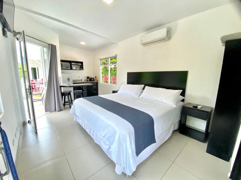 Une chambre lumineuse avec un grand lit et un espace cuisine.