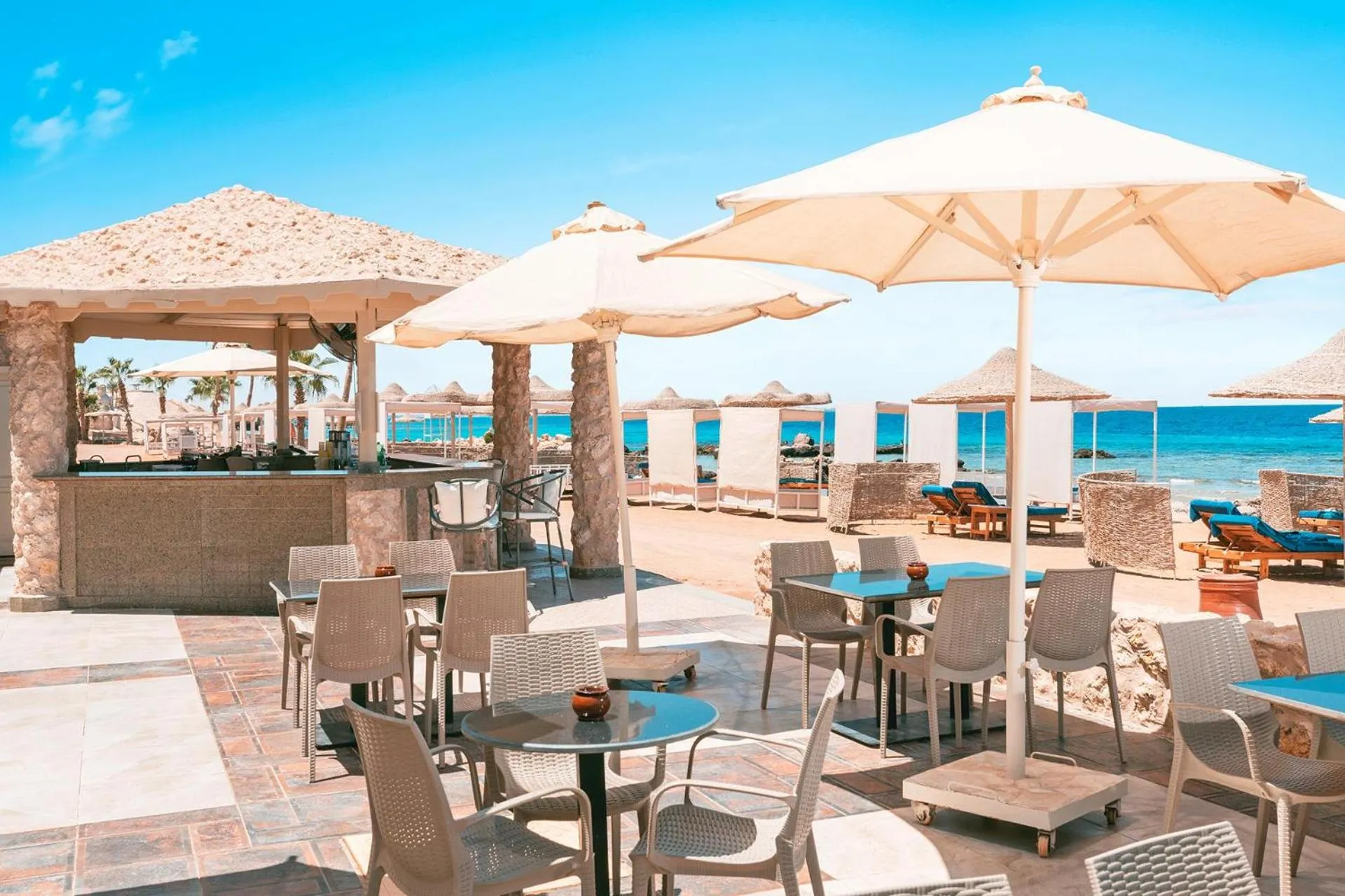 Terrasse ombragée avec tables et chaises près d'un bar en bord de mer.