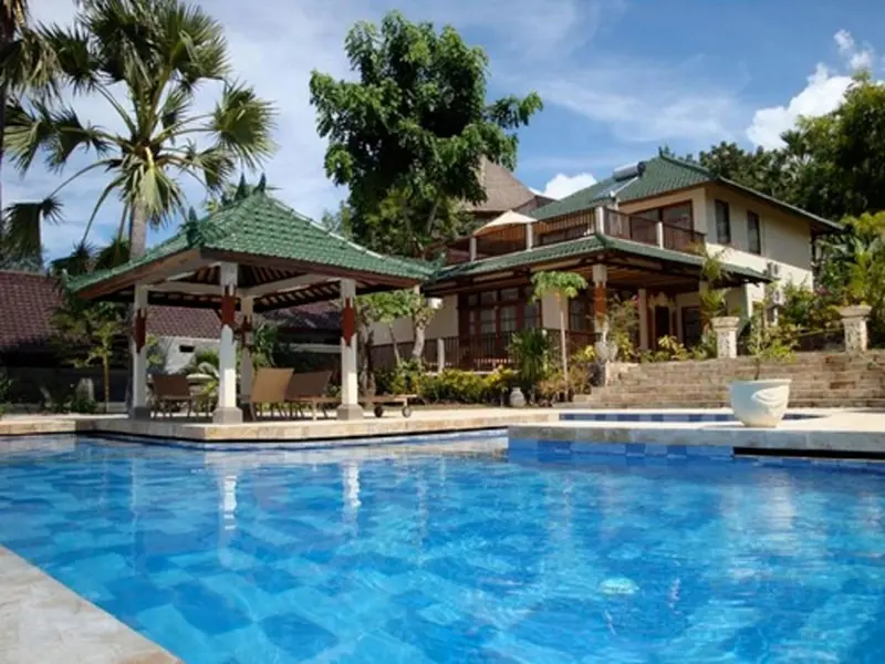 Bâtiment à toit de chaume surplombant une piscine turquoise et une végétation luxuriante.