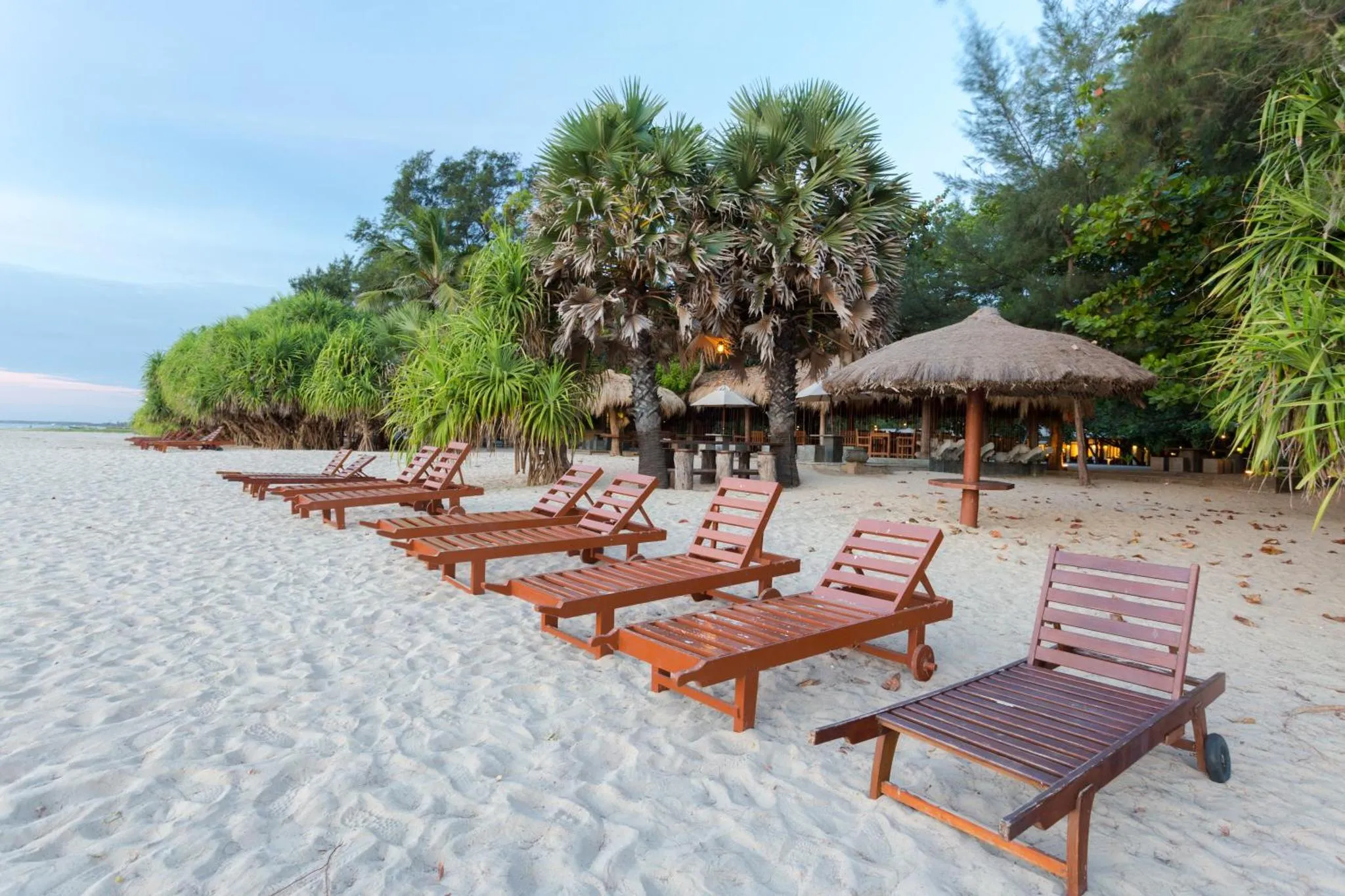 Transats alignés sur une plage de sable blanc bordée de végétation tropicale.
