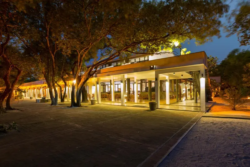 Bâtiment éclairé avec une terrasse et des tables à manger en extérieur.