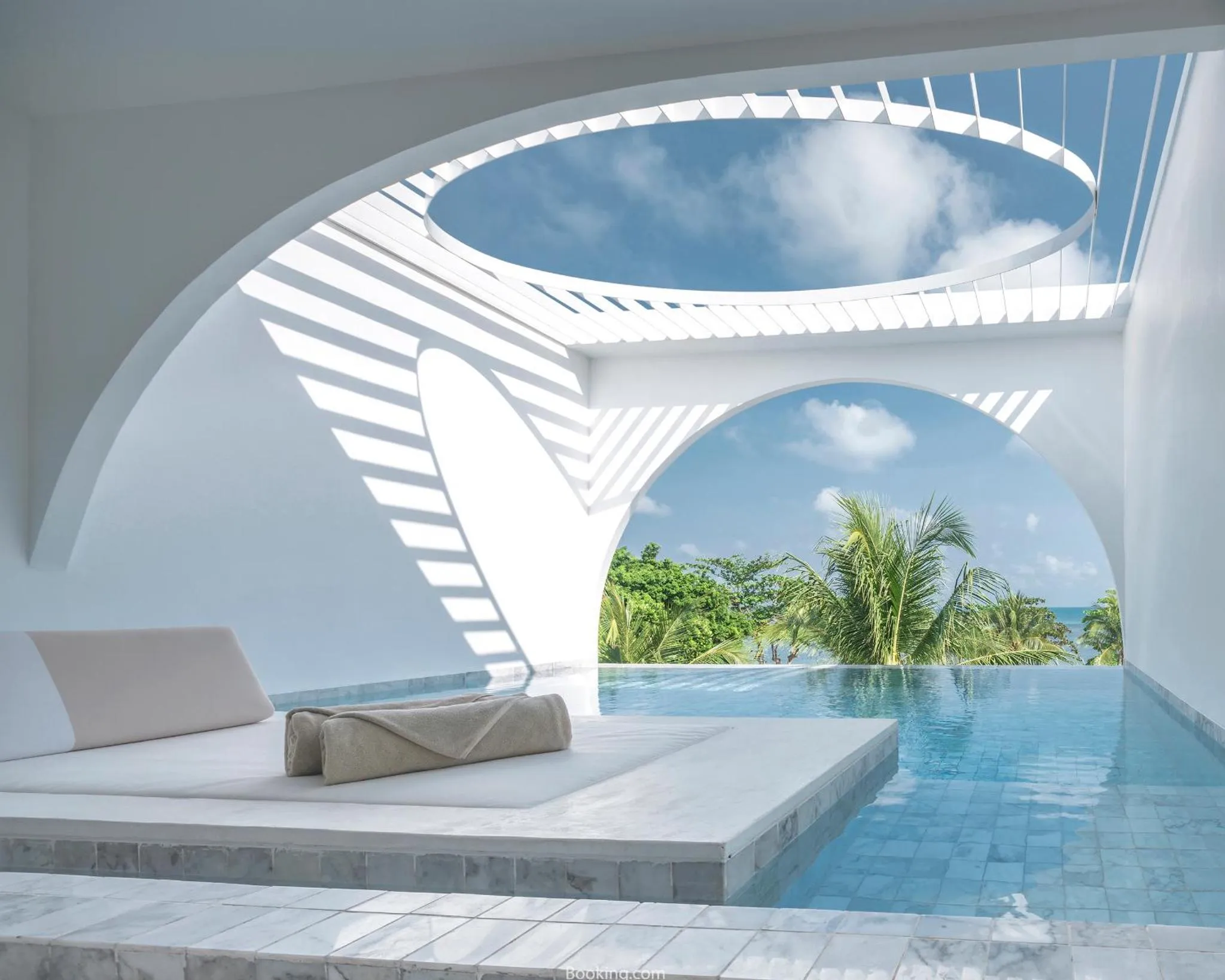 Une piscine à débordement offre une vue sur la mer et la végétation tropicale.