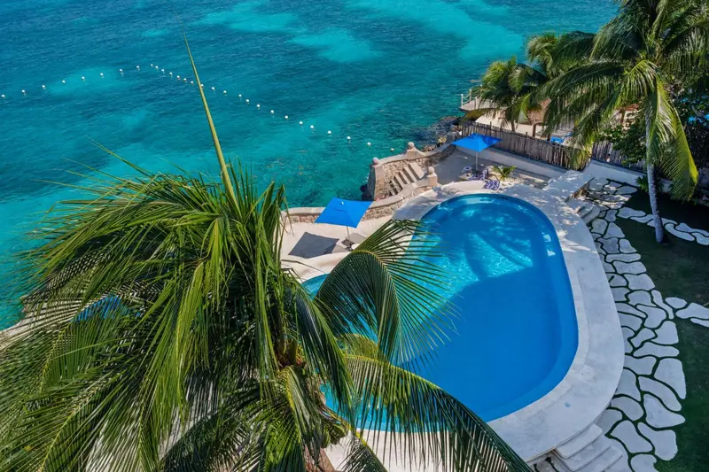 Vue aérienne d'une piscine bordée de palmiers et donnant sur une mer turquoise.