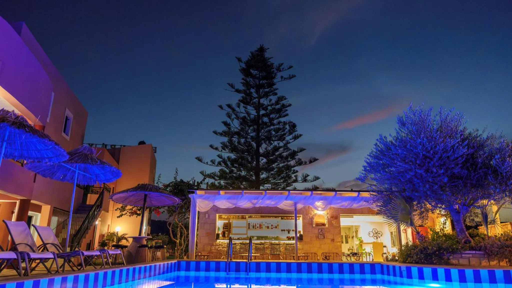 Terrasse lumineuse avec piscine et végétation tropicale au crépuscule.