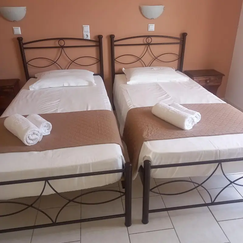 Une chambre avec deux lits simples et des oreillers blancs.