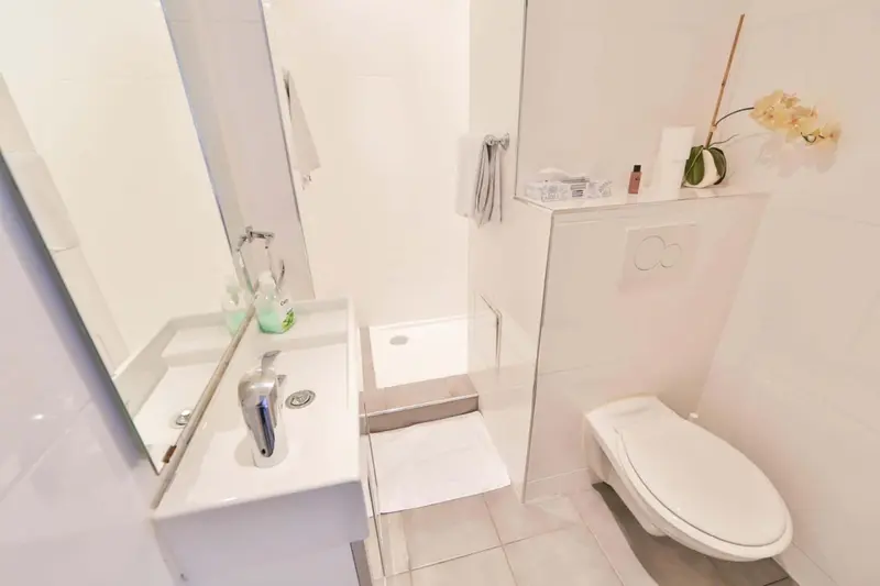 Une salle de bain claire avec lavabo, douche et toilettes.