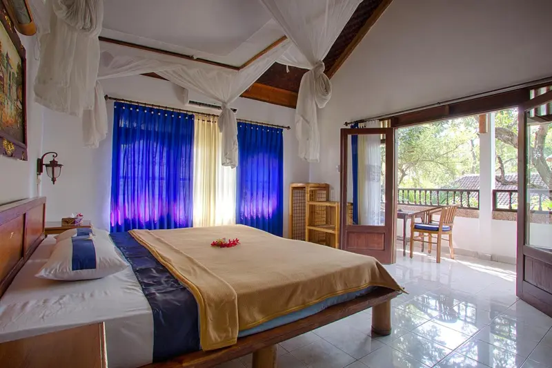 Une chambre lumineuse avec un lit recouvert de moustiquaire et une vue sur l'extérieur.