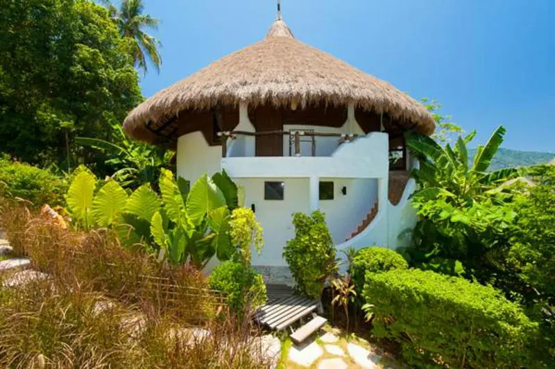 Une habitation ronde à toit de chaume se dresse au milieu d'une végétation luxuriante.