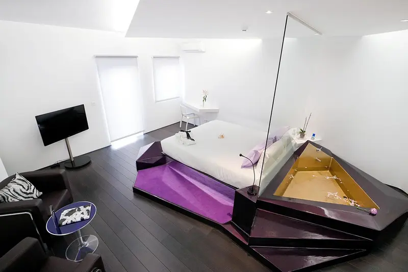 Une chambre moderne avec un lit rond et un jacuzzi intégré.