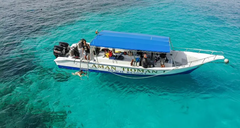 Un bateau blanc et bleu navigue sur une eau turquoise claire.