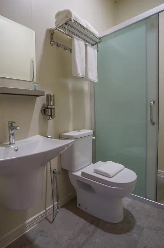 Une salle de bain claire avec douche, lavabo et toilettes.