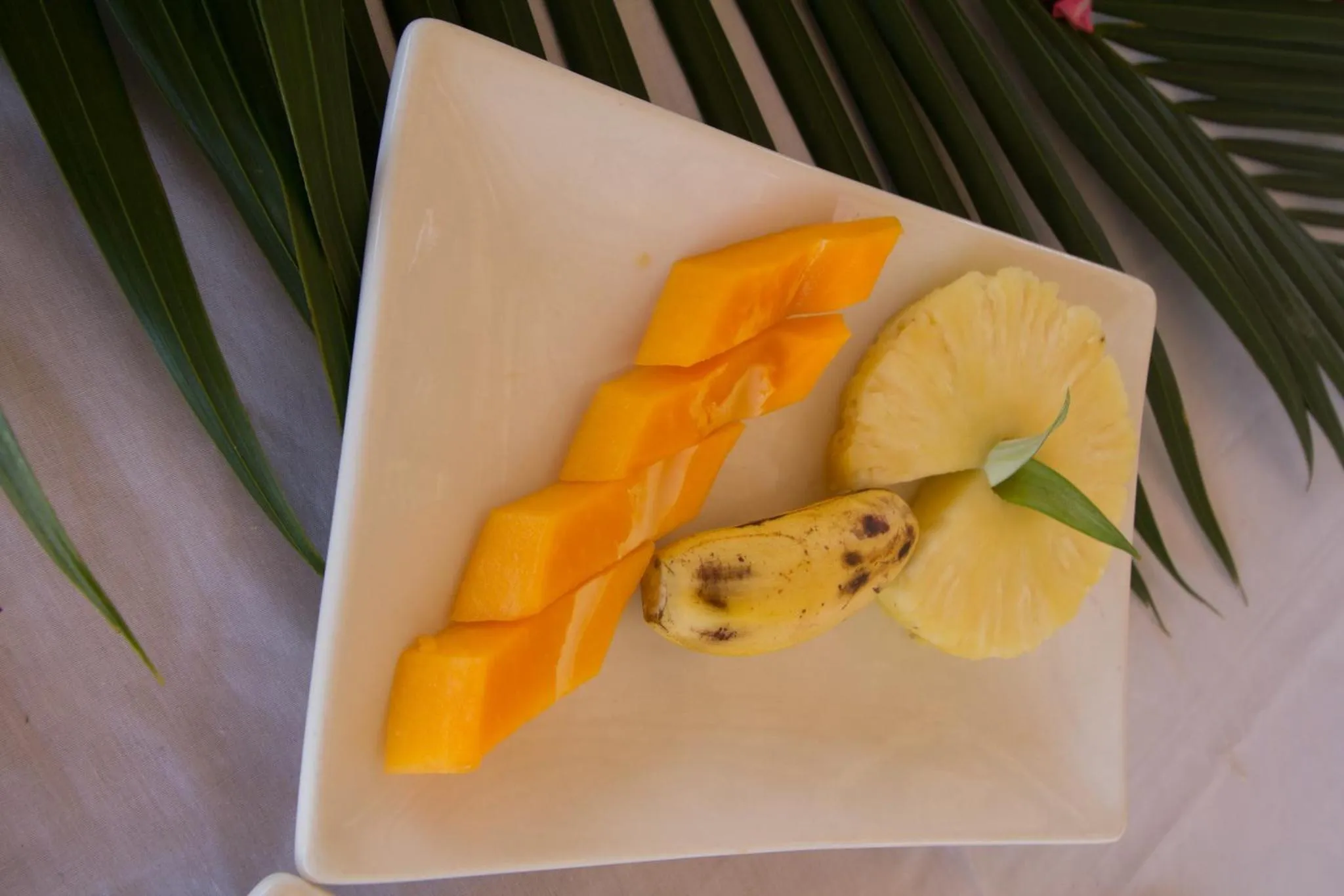Assiette de fruits frais coupés présentée sur une table.