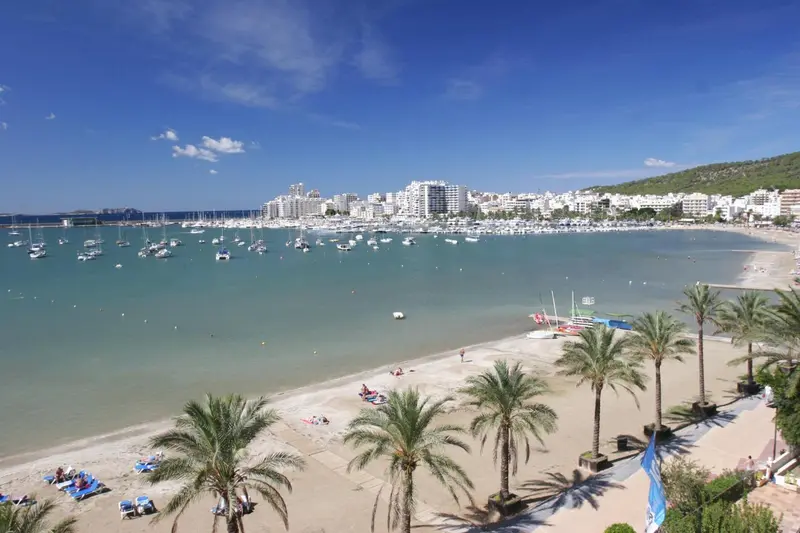 Vue aérienne d'une plage de sable fin bordée de palmiers et d'une ville côtière.