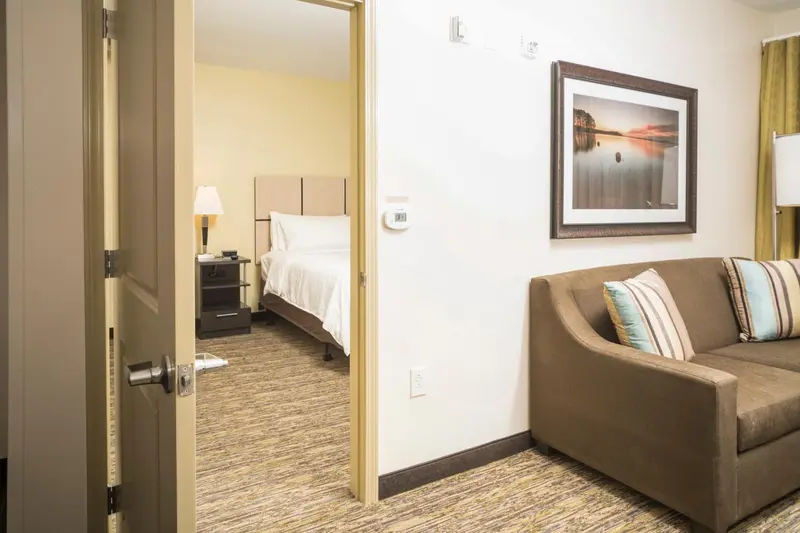 Une chambre lumineuse avec un canapé et un lit.