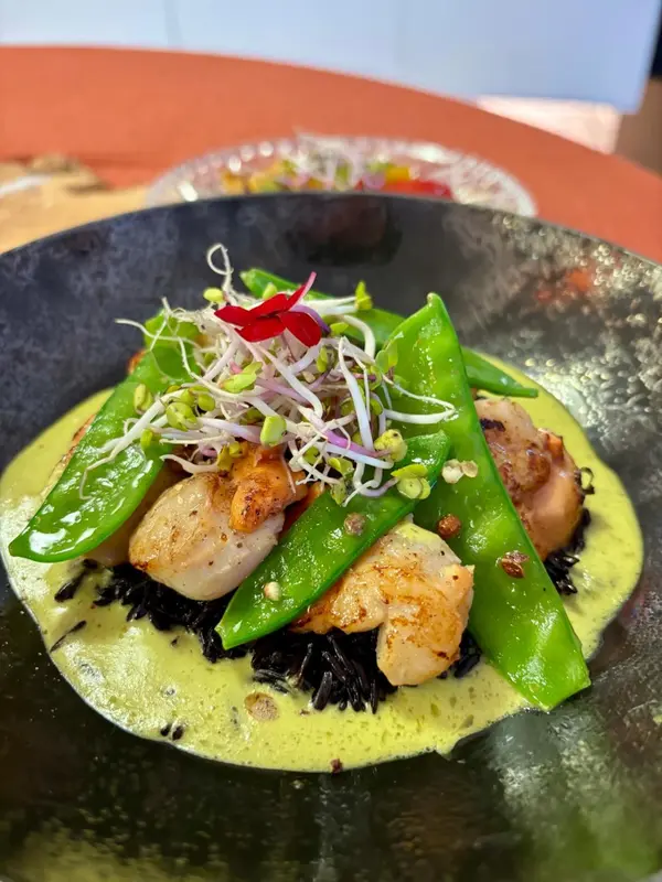 Assiette raffinée de fruits de mer et de légumes verts sur un lit de riz noir.