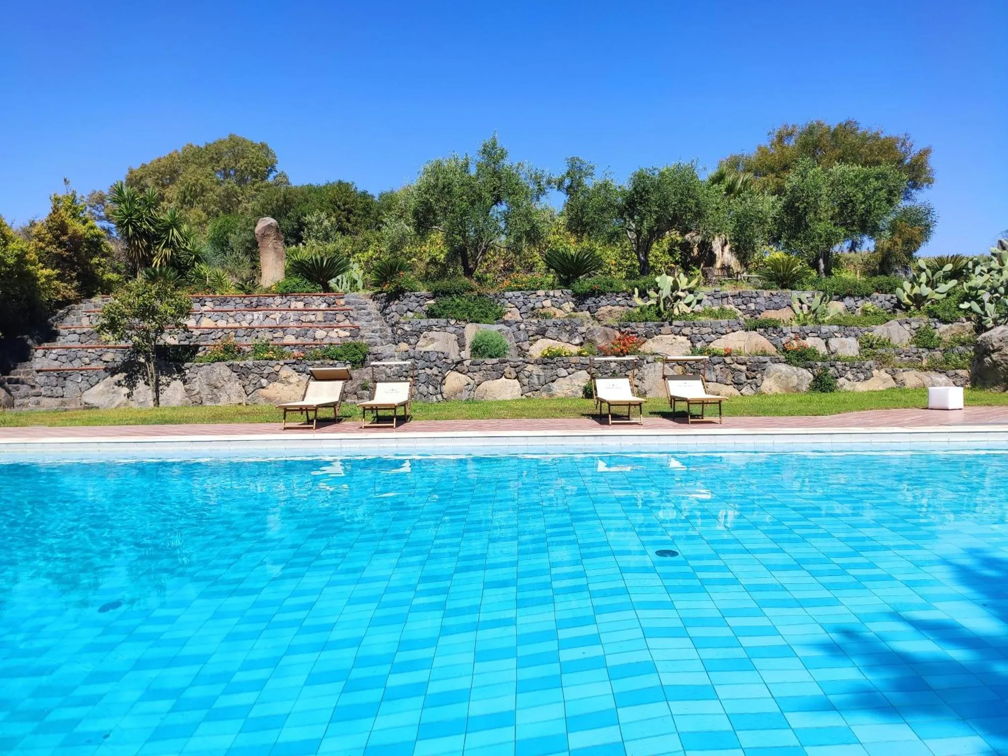 Transats alignés au bord d'une piscine turquoise, avec une végétation luxuriante en arrière-plan.