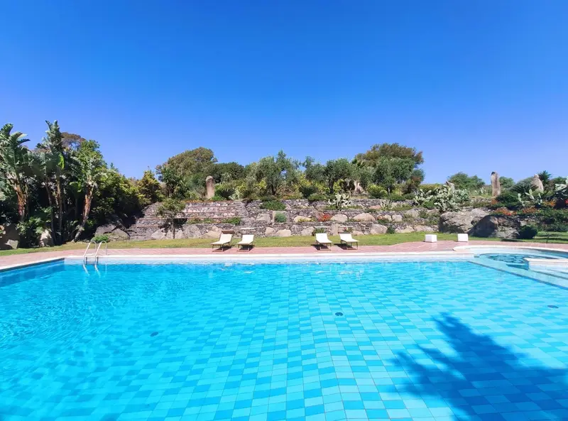 Piscine rectangulaire turquoise bordée d'une terrasse ensoleillée et de végétation luxuriante.