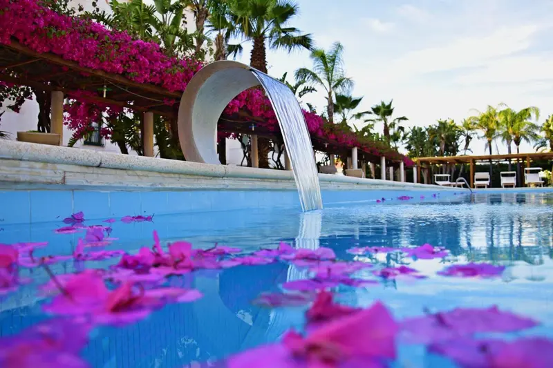 Une cascade d'eau se déverse dans une piscine ornée de fleurs.