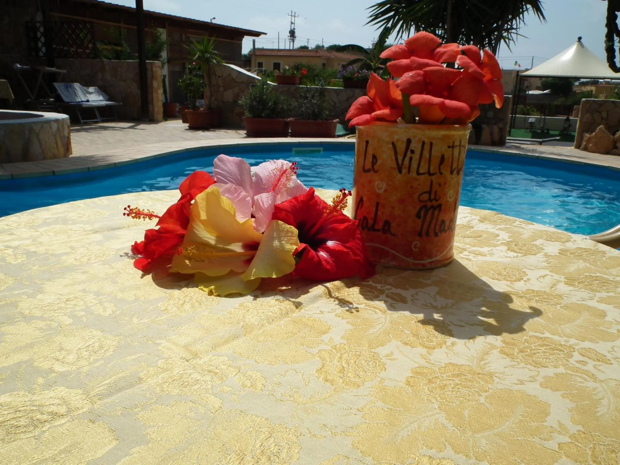 Une piscine bordée d'une terrasse fleurie avec des boissons colorées.