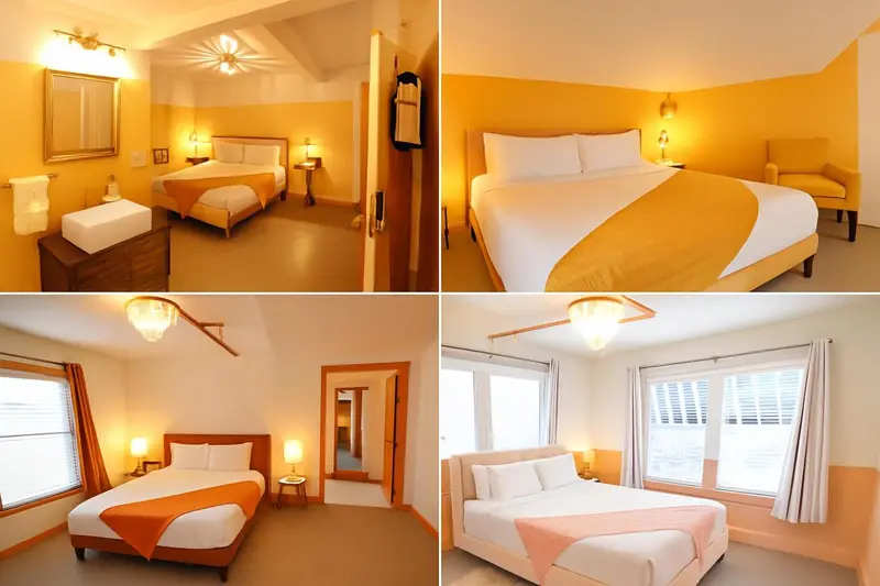 Chambre lumineuse avec un lit recouvert d'une couverture colorée et un éclairage chaleureux.