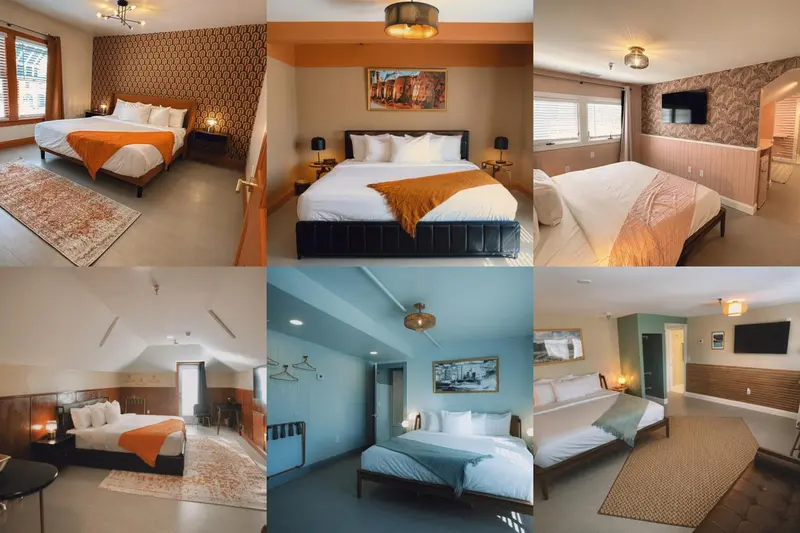 Une chambre d'hôtel avec un lit recouvert d'une couverture orange et un tapis.