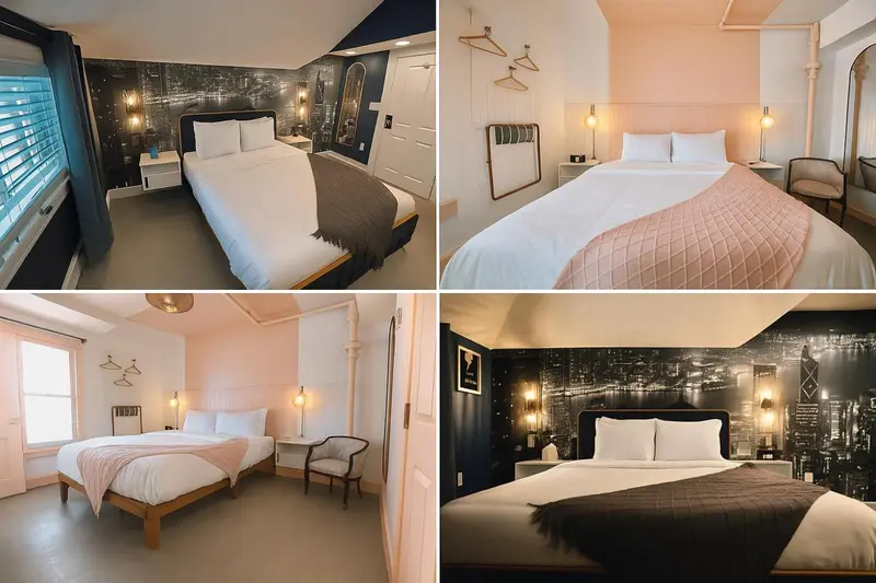 Chambre avec un lit double et une décoration moderne.