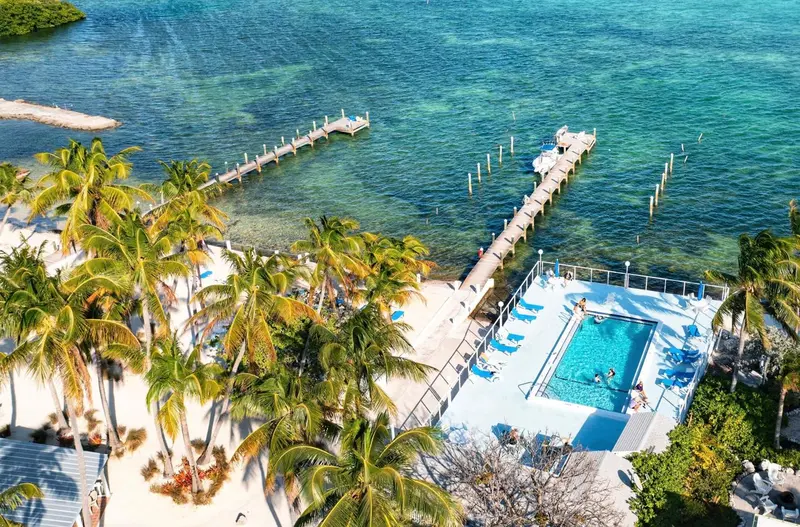 Vue aérienne d'une piscine bordée de transats et de palmiers, avec une jetée en bois s'avançant dans la mer.