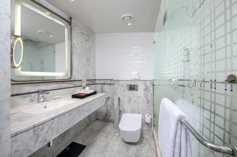 Une salle de bain moderne avec douche à l'italienne et lavabo en marbre.