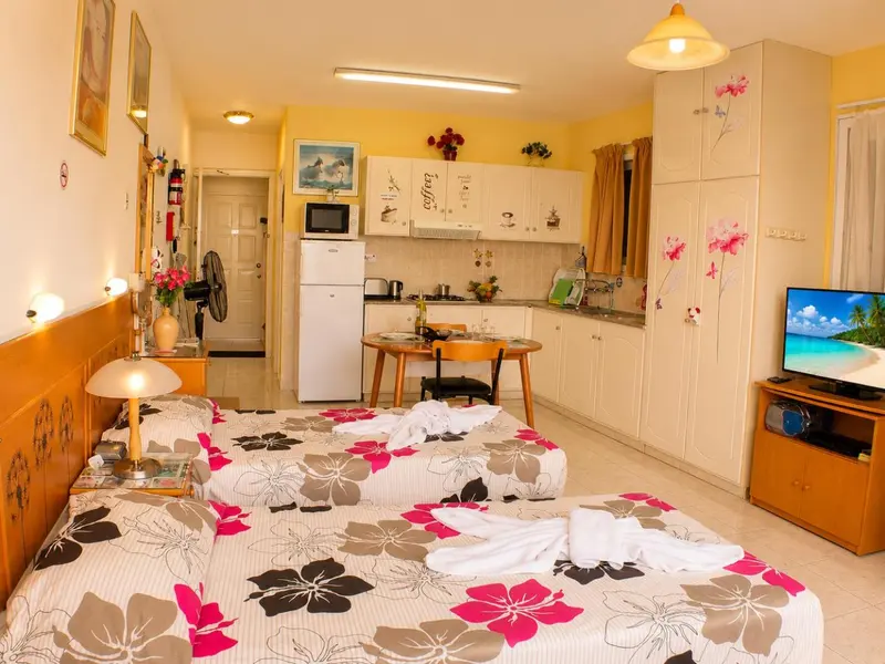 Une chambre lumineuse avec un lit double et une kitchenette.