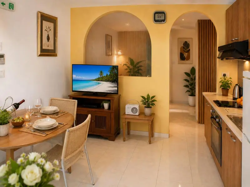 Une salle à manger lumineuse avec une télévision et une kitchenette.