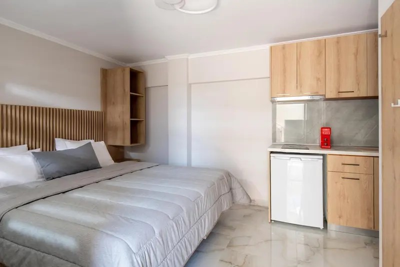 Une chambre avec un lit et une kitchenette intégrée.