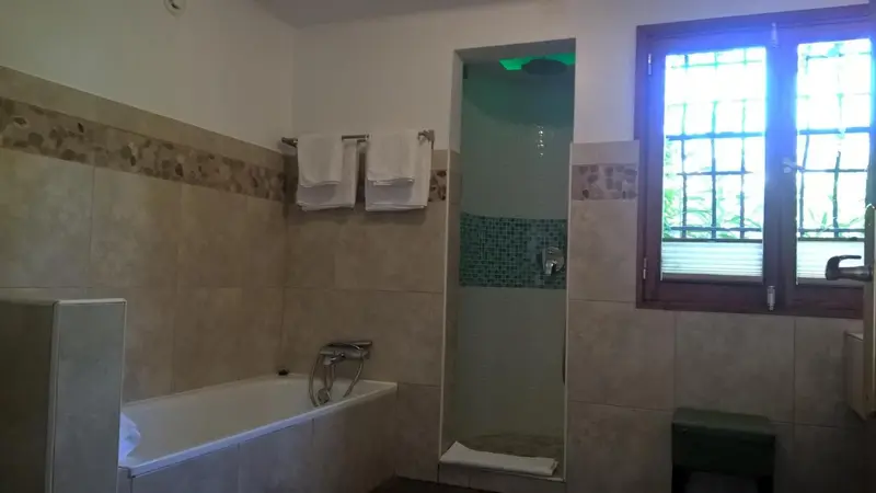 Une salle de bain lumineuse avec baignoire et douche à l'italienne.