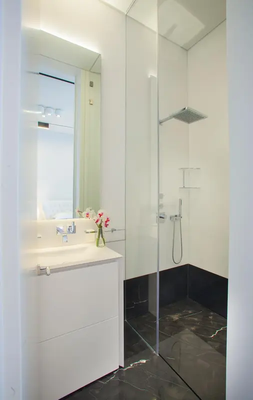 Une salle de bain moderne avec douche à l'italienne et vasque blanche.